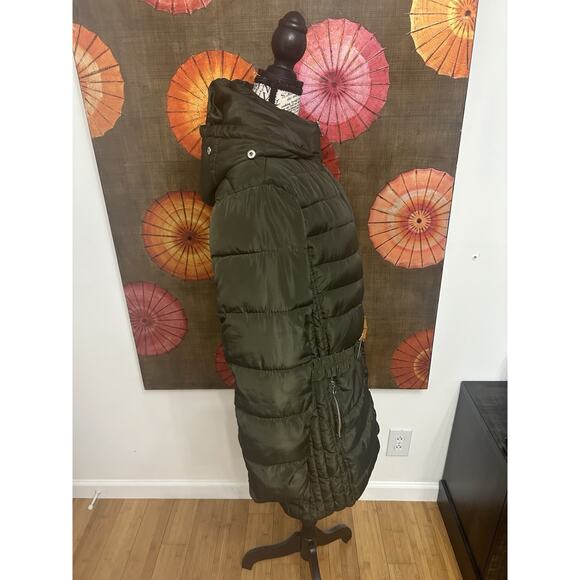 Army Green Belted Hooded Puffer Coat Longline Outdoor Adventure Snow Hike Sz M-L - Picture 3 of 9